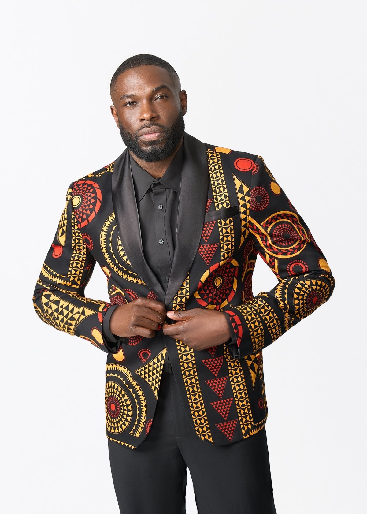 Aadan Men's African Print Blazer (Black Spice Medallion) - D'IYANU