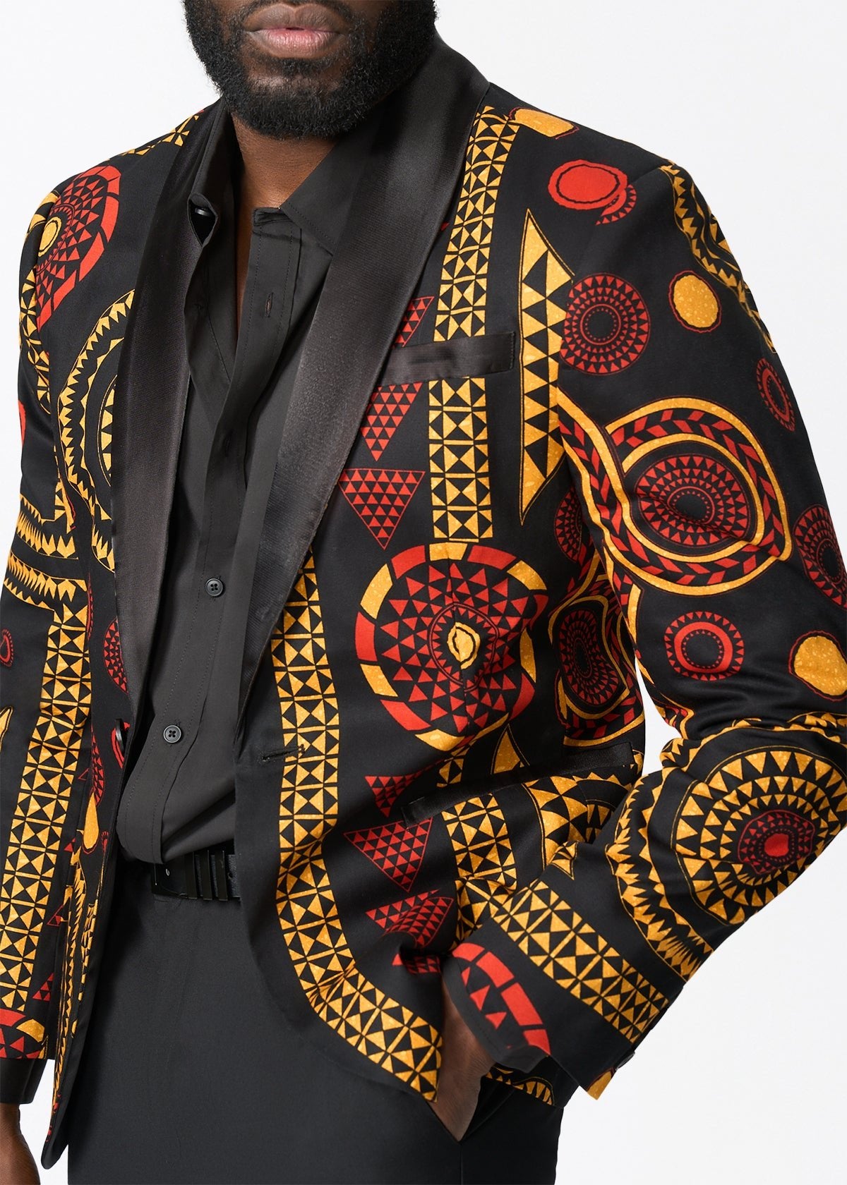 Aadan Men's African Print Blazer (Black Spice Medallion) - D'IYANU