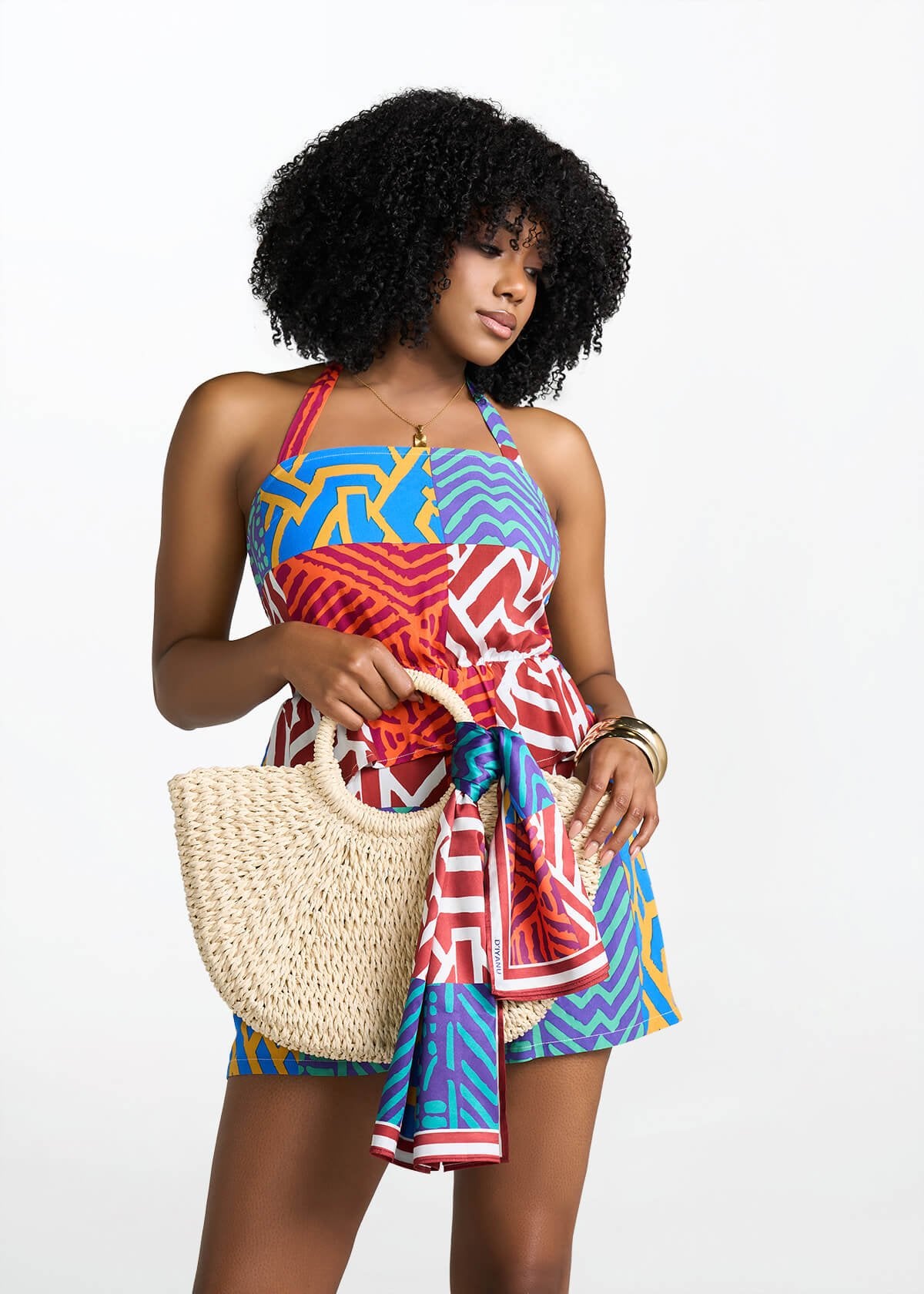 Abeni Women's African Print Scarf (Orange Blue Multipattern) - D'IYANU