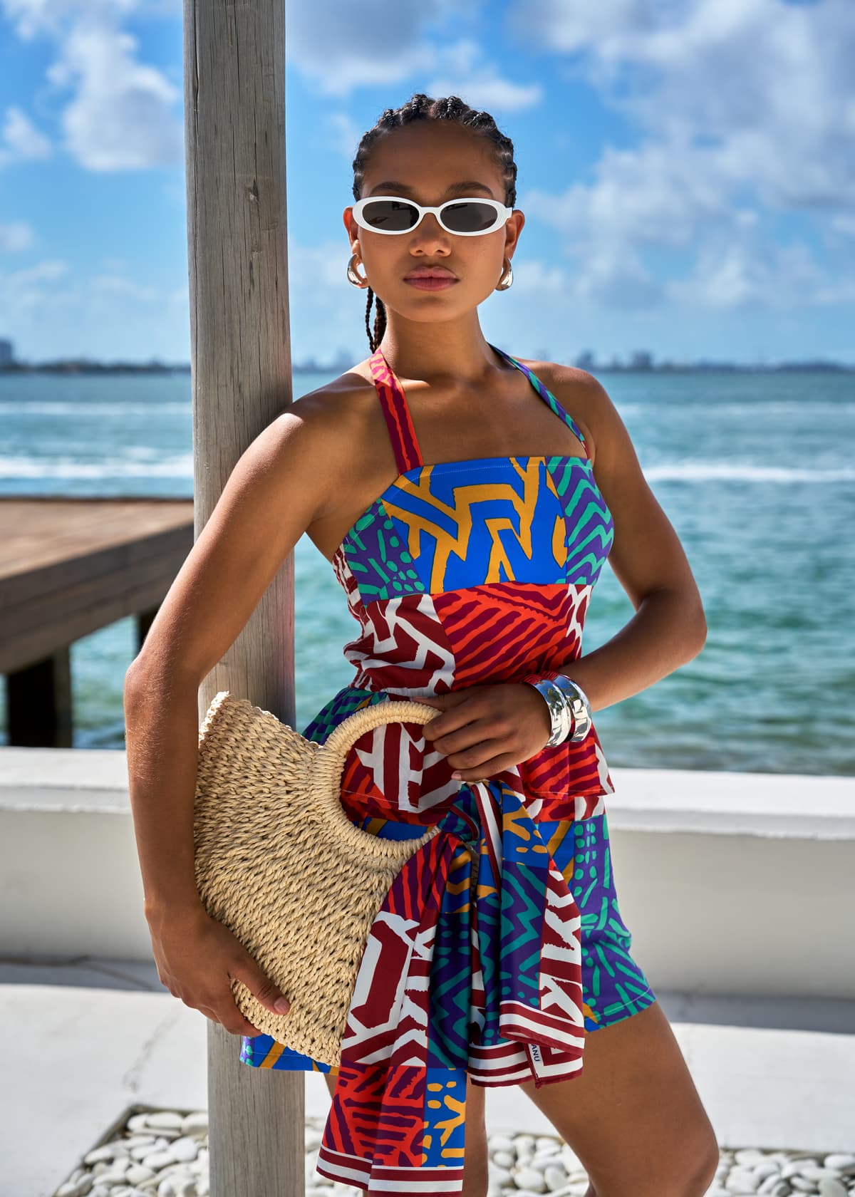 Nanjala Women's African Print Smocked Romper (Orange Blue Multipattern) - D'IYANU