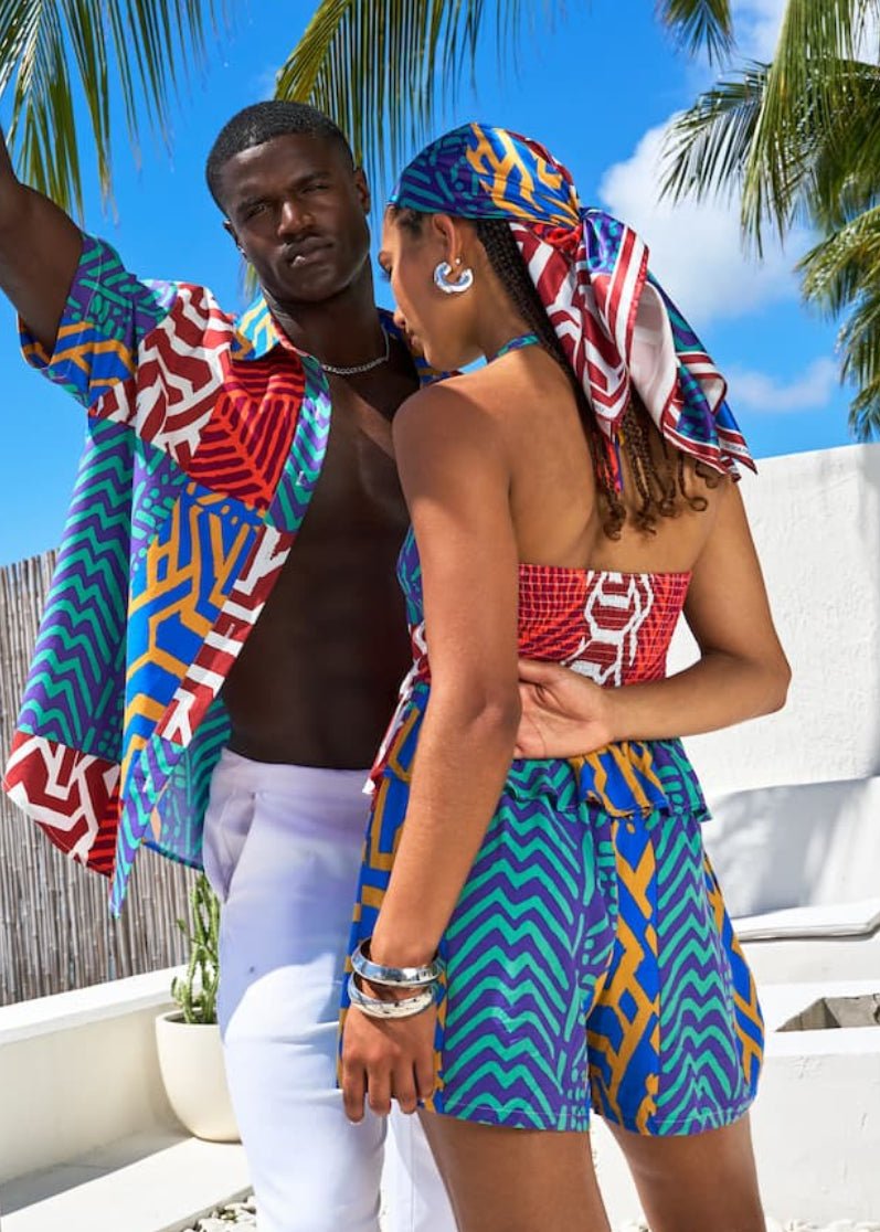 Abeni Women's African Print Scarf (Orange Blue Multipattern) - D'IYANU