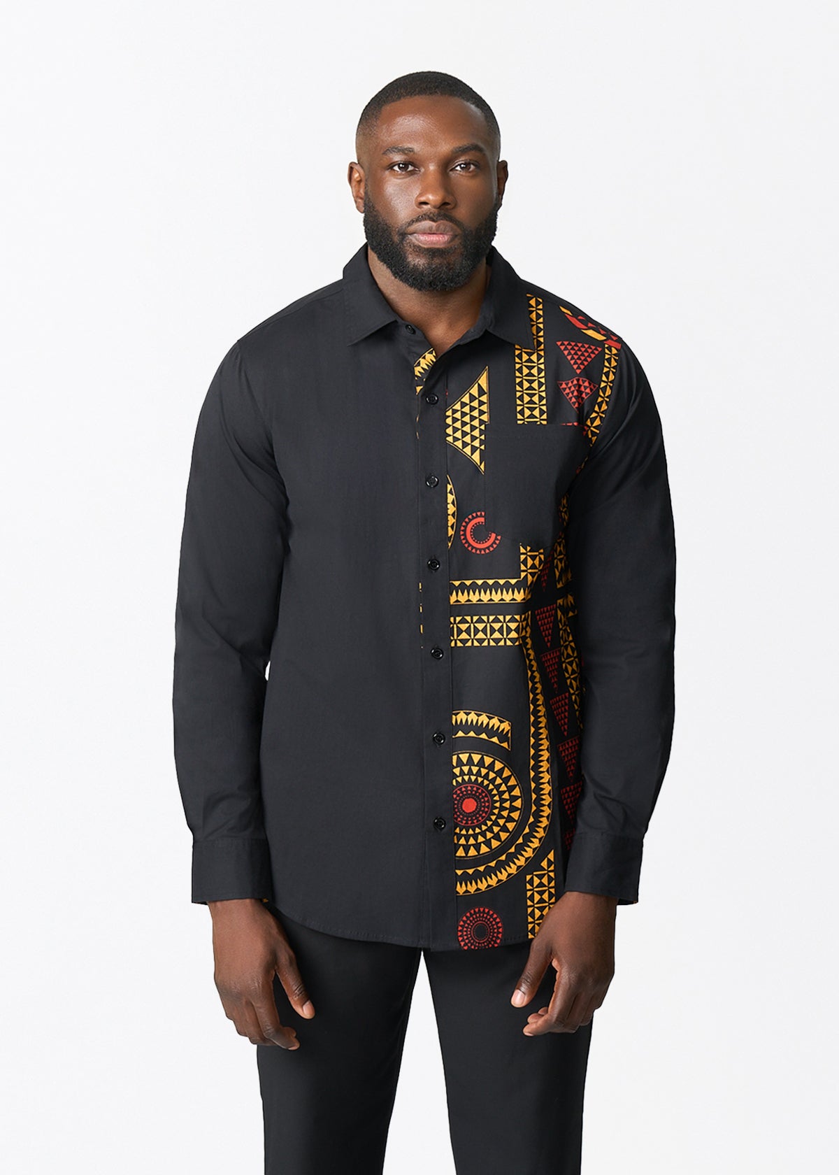 Abiade African Print Color-Blocked Button-up Shirt (Black Spice Medallion) - D'IYANU
