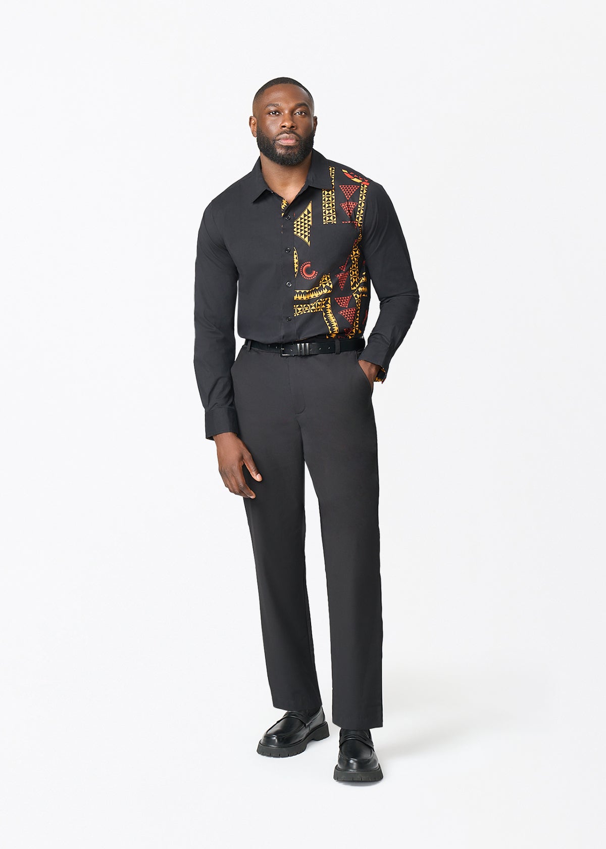 Abiade African Print Color-Blocked Button-up Shirt (Black Spice Medallion) - D'IYANU