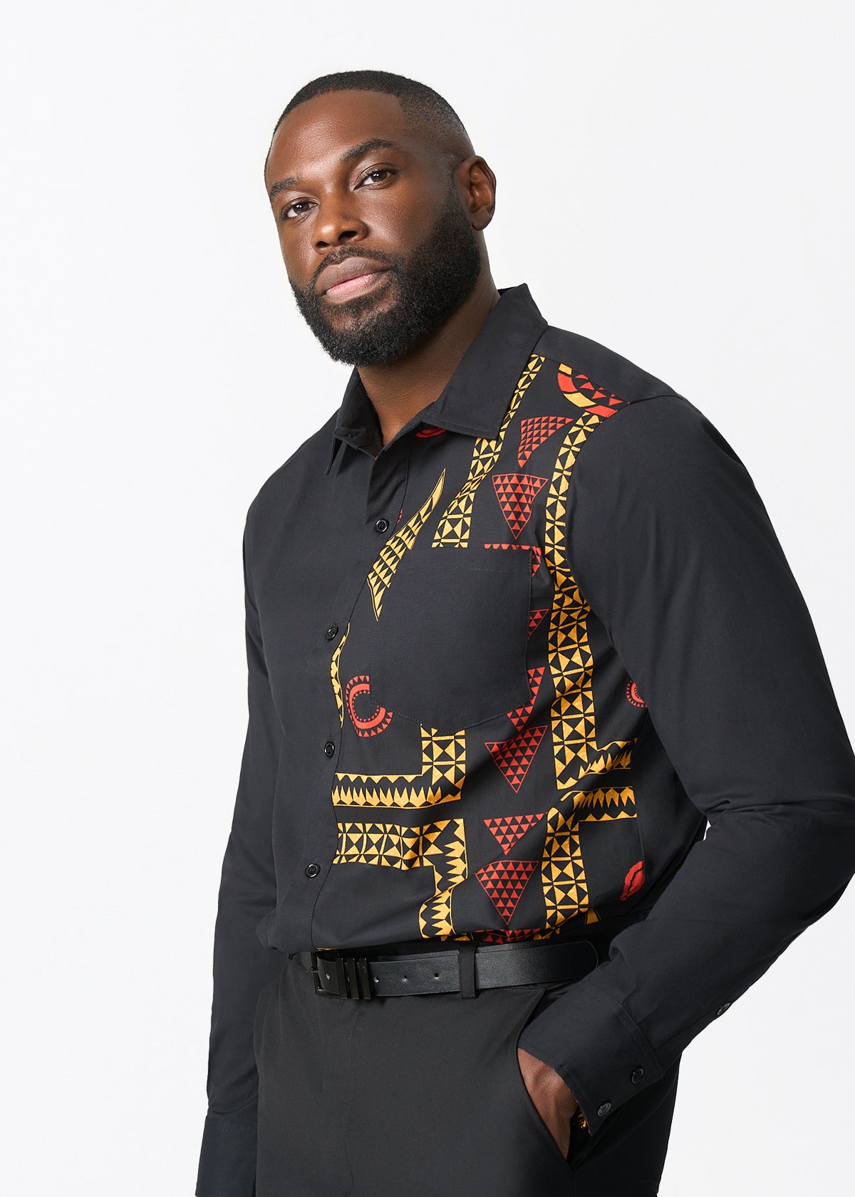 Abiade African Print Color-Blocked Button-up Shirt (Black Spice Medallion) - D'IYANU