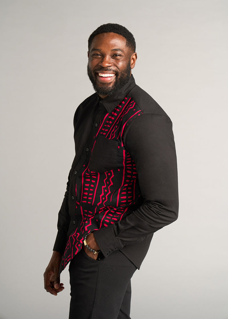 Abiade Men's African Print Button-Up Shirt (Black/Black Magenta Tribal)
