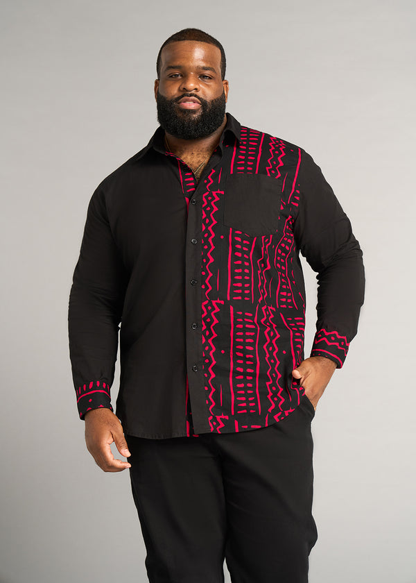 Abiade Men's African Print Button-Up Shirt (Black/Black Magenta Tribal)