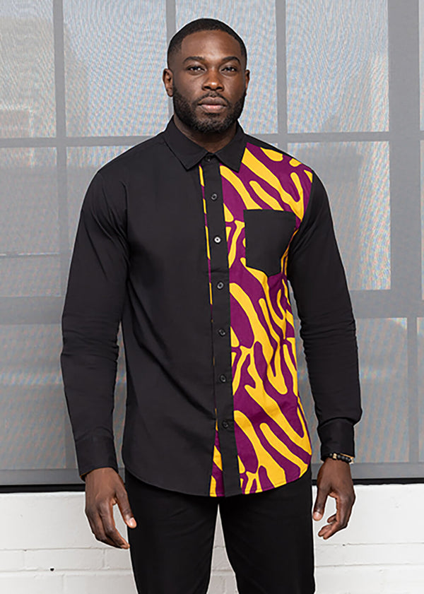 Abiade Men's African Print Button-Up Shirt (Black/Gold Zebra Abstract)