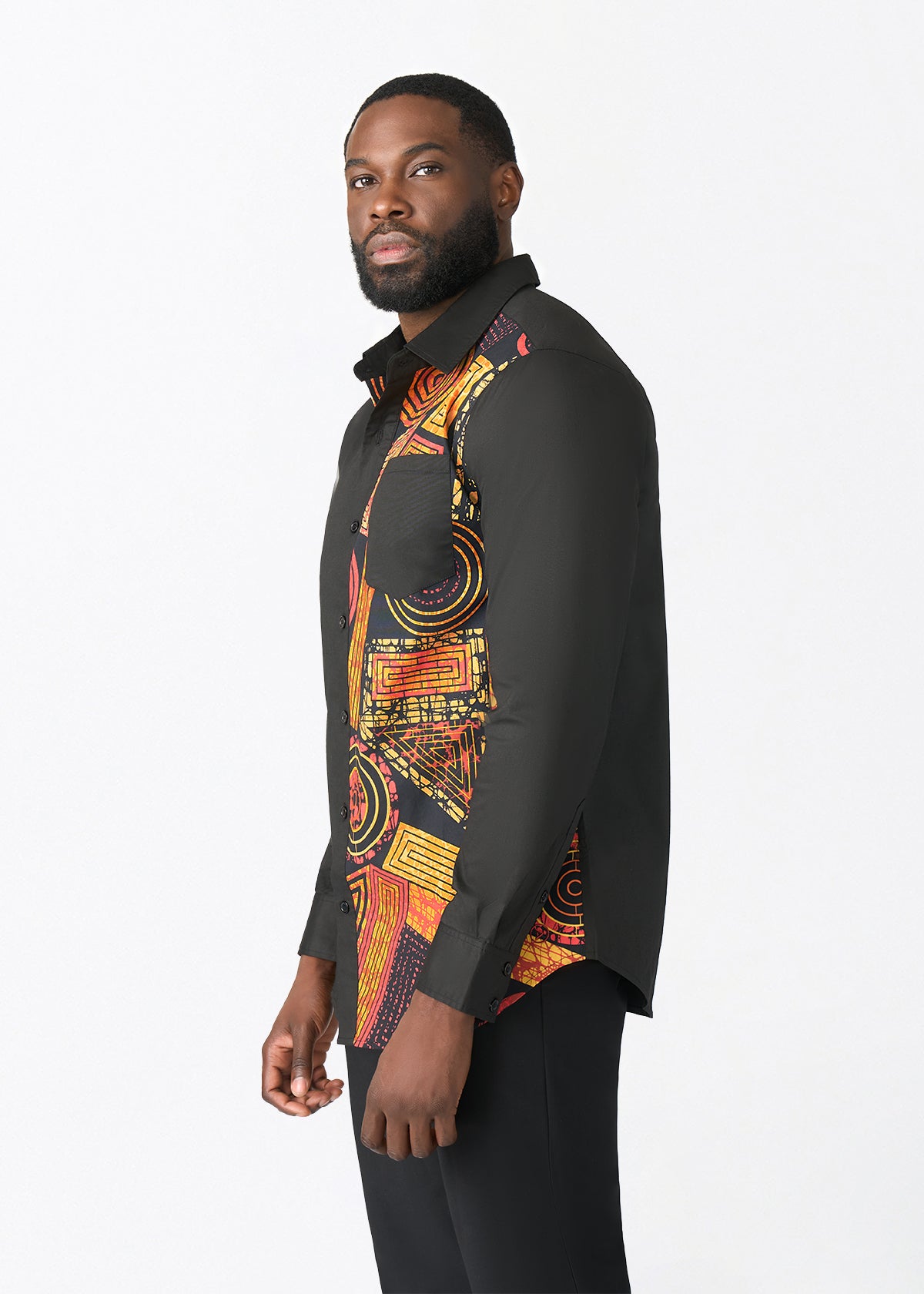 Abiade Men's African Print Button Up (Black Cinnamon Geometric) - D'IYANU