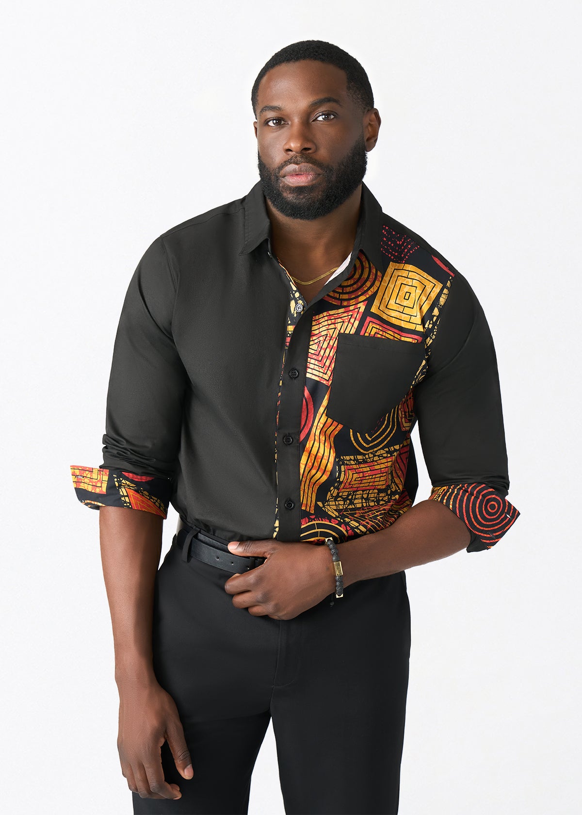 Abiade Men's African Print Button Up (Black Cinnamon Tribal) - D'IYANU