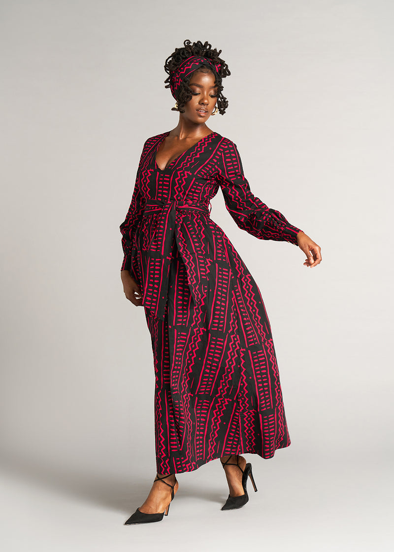 Abiba Women's African Print Maxi Dress (Black Magenta Tribal)