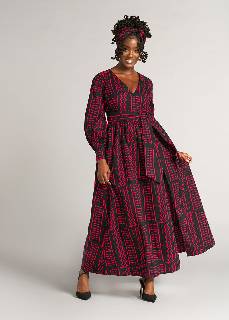 Abiba Women's African Print Maxi Dress (Black Magenta Tribal)