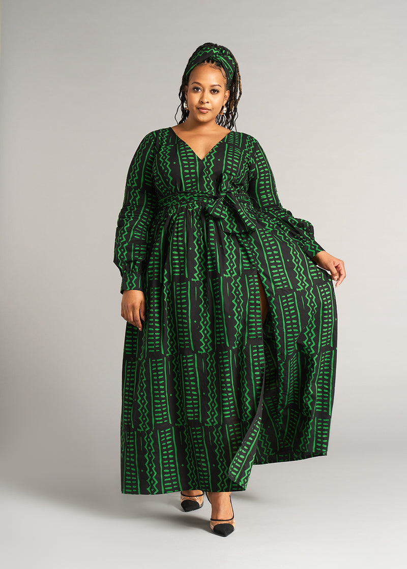 Abiba Women's African Print Maxi Dress (Moss Black Tribal)
