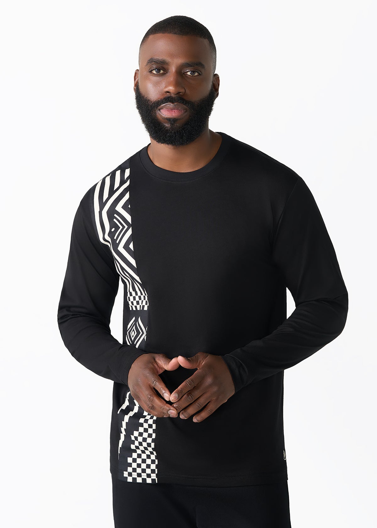 Addo Men's African Print Applique T-Shirt (Black Cream Tribal)