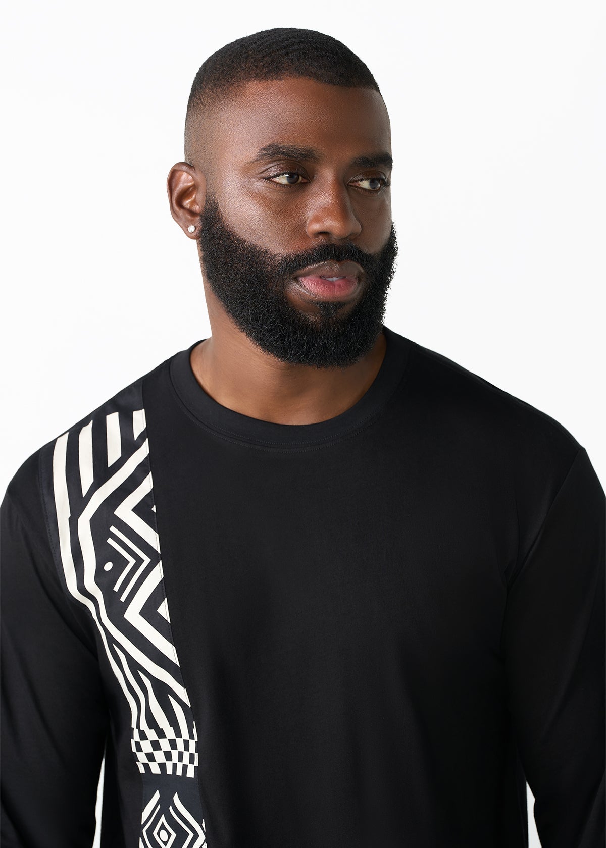 Addo Men's African Print Applique T-Shirt (Black Cream Tribal)