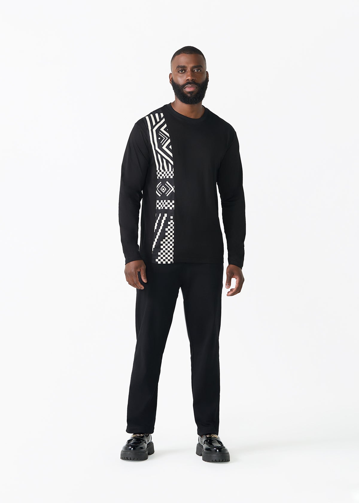 Addo Men's African Print Applique T-Shirt (Black Cream Tribal)