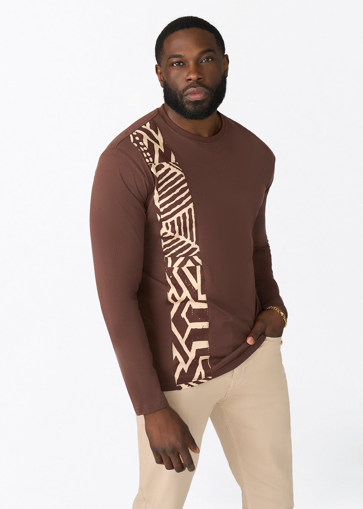 Addo Men's African Print Applique T-shirt (Chocolate Mousse Tribal) - D'IYANU