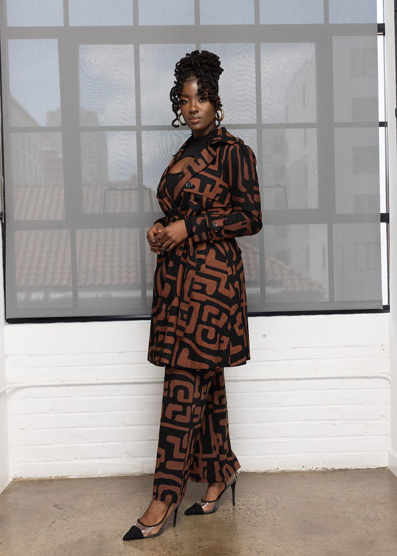 Adesina Women's African Print Utility Trench Coat (Espresso Geometric)