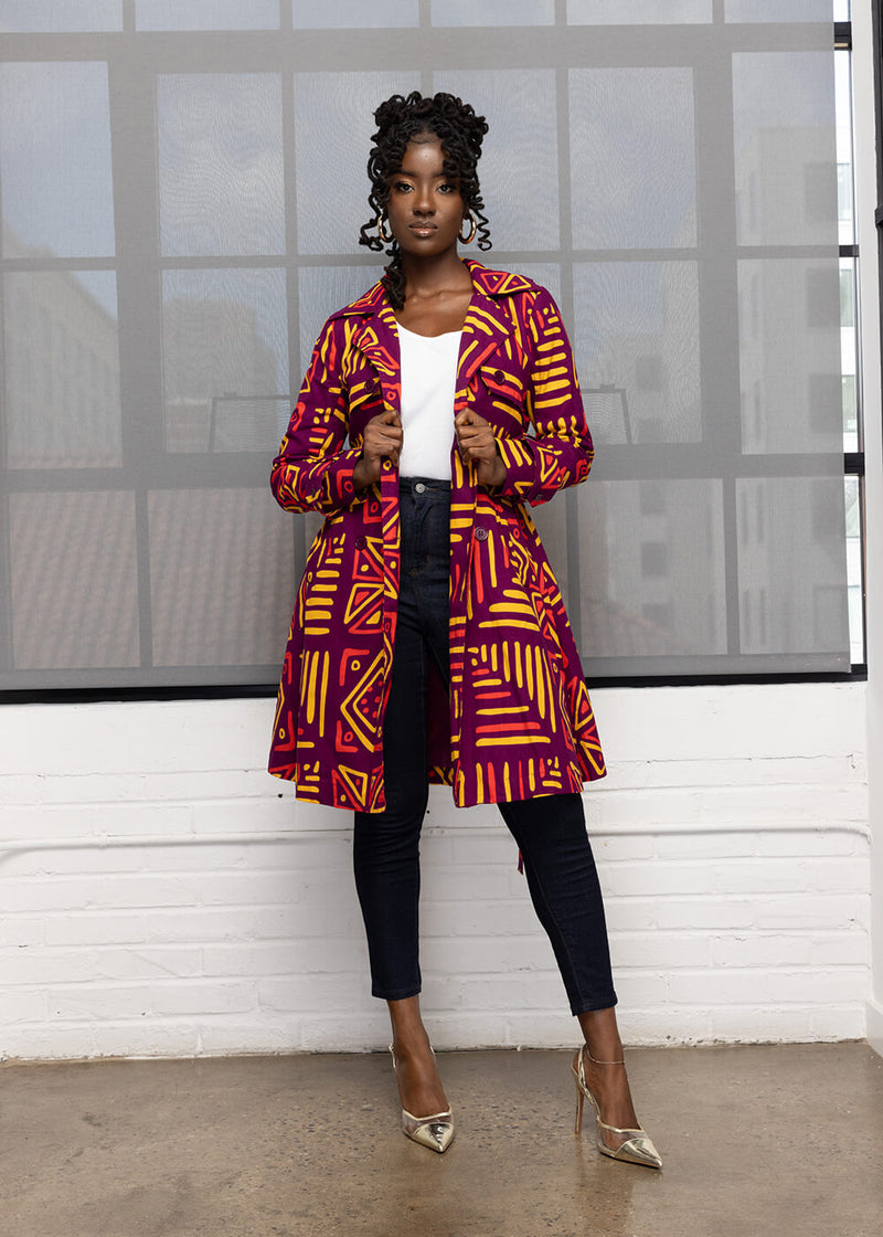 Adesina Women's African Print Utility Trench Coat (Plum Gold Tribal) - Clearance