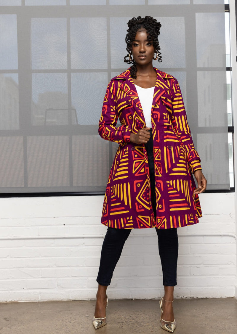 Adesina Women's African Print Utility Trench Coat (Plum Gold Tribal) - Clearance