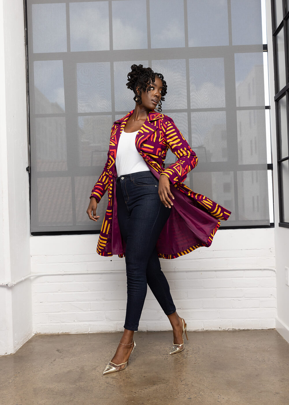 Adesina Women's African Print Utility Trench Coat (Plum Gold Tribal) - Clearance