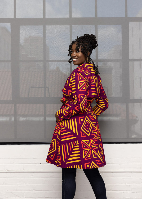 Adesina Women's African Print Utility Trench Coat (Plum Gold Tribal)