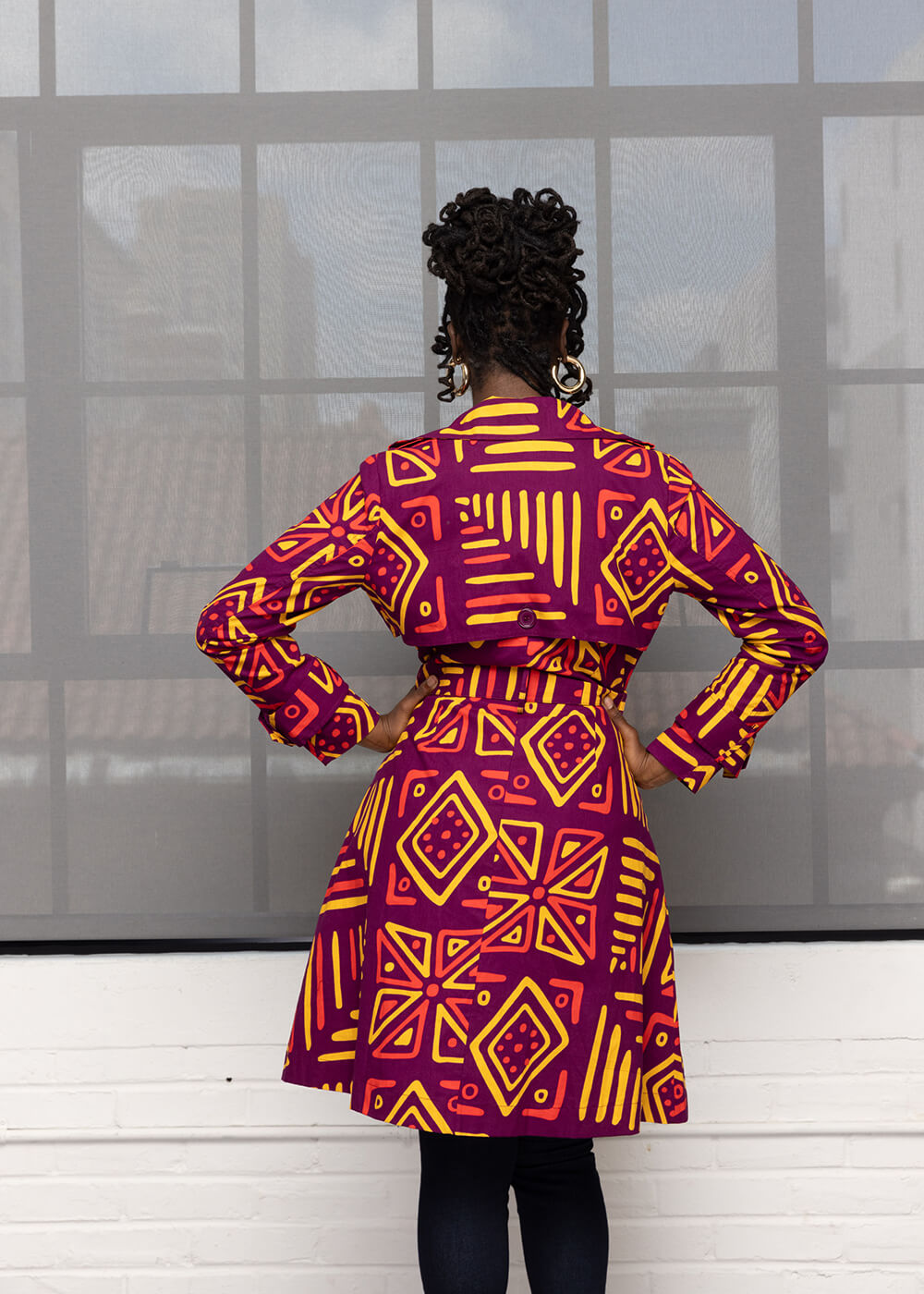 Adesina Women's African Print Utility Trench Coat (Plum Gold Tribal) - Clearance