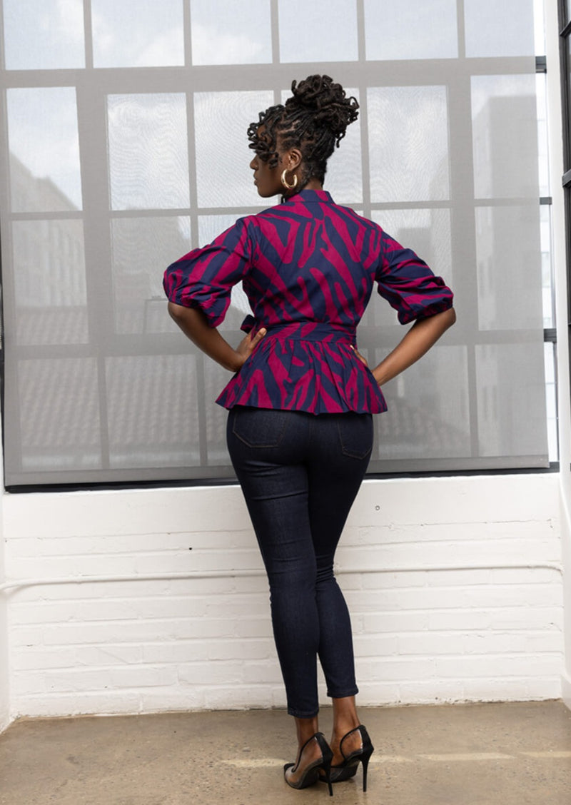 Aega Women's African Print Peplum Blouse (Berry Zebra Abstract)