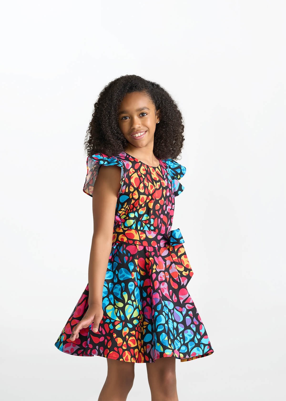 Afia Girl's African Print Butterfly Sleeve Dress (Fuchsia Kaleidoscope) - D'IYANU
