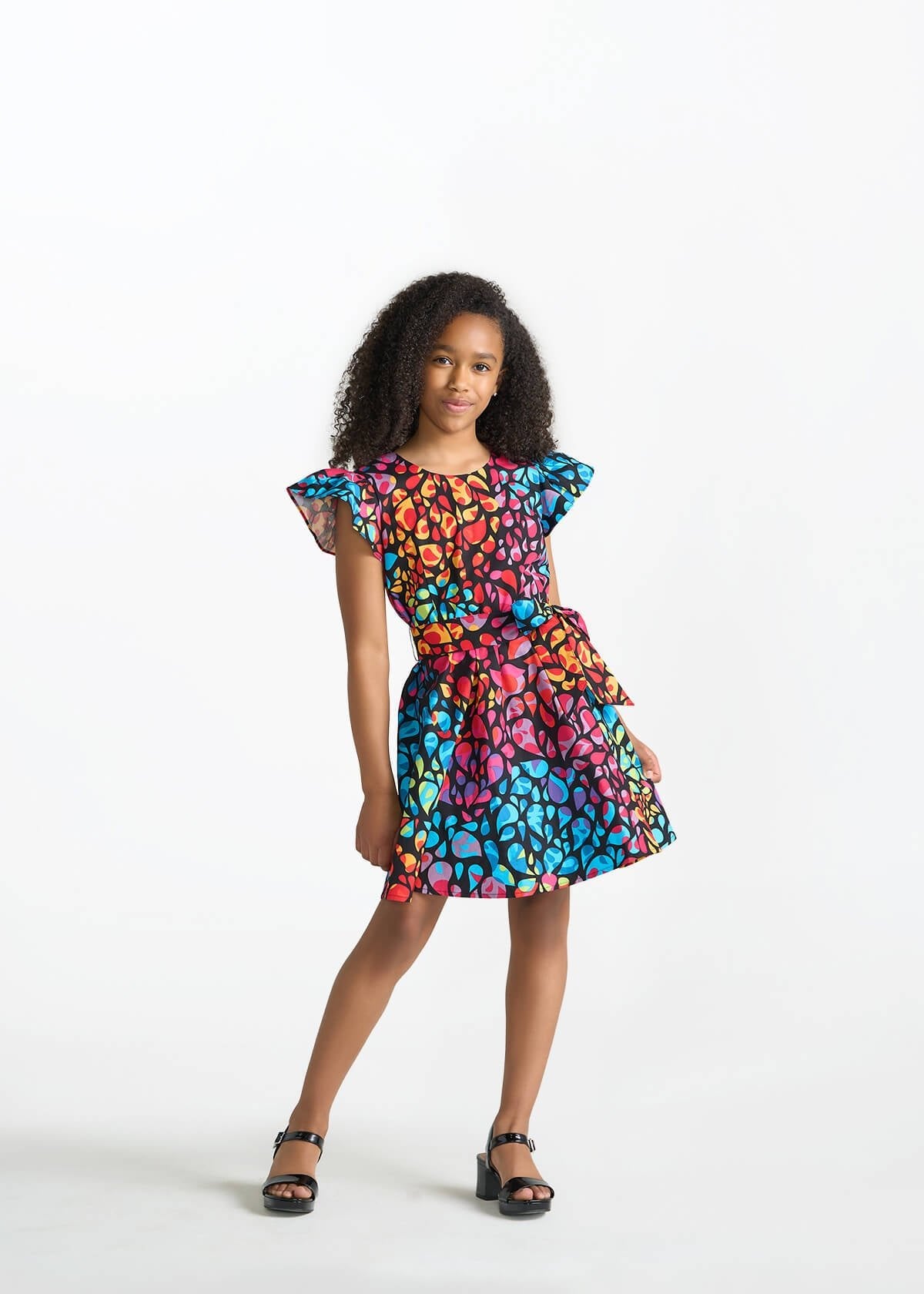 Afia Girl's African Print Butterfly Sleeve Dress (Fuchsia Kaleidoscope) - D'IYANU