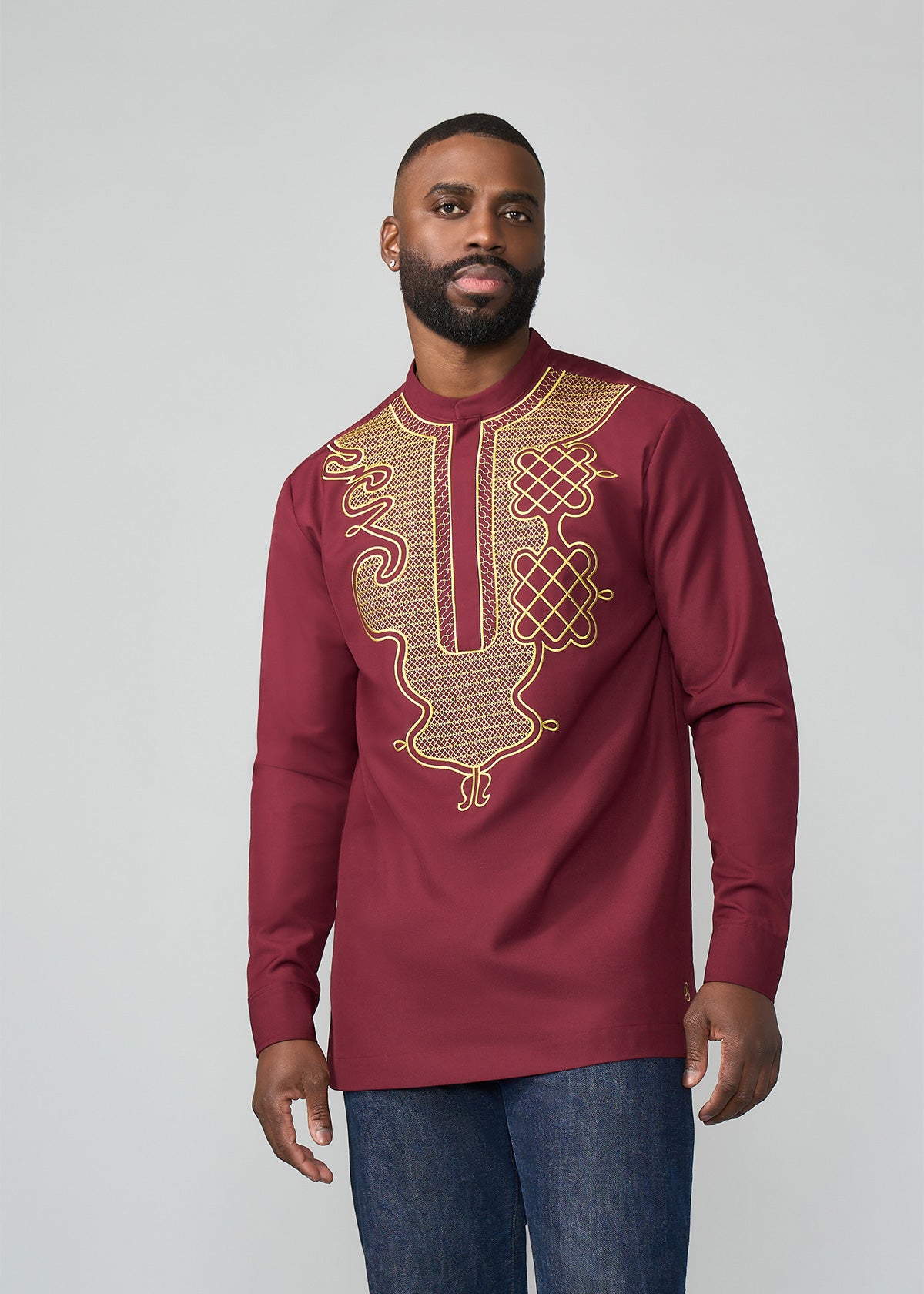 Afram Men's African Embroidered Traditional Top (Maroon)