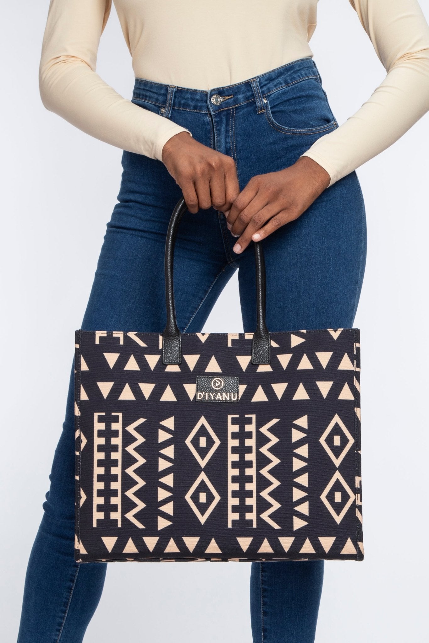 Aina Women's African Print Tote Bag (Tan Black Tribal) - D'IYANU