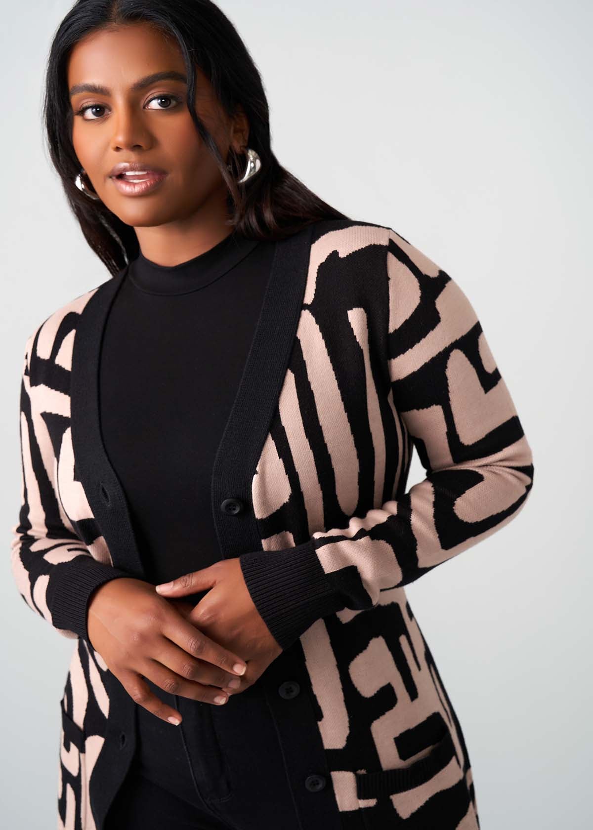 Aisha Women's African Print Cardigan (Black Tan Geometric) - Clearance