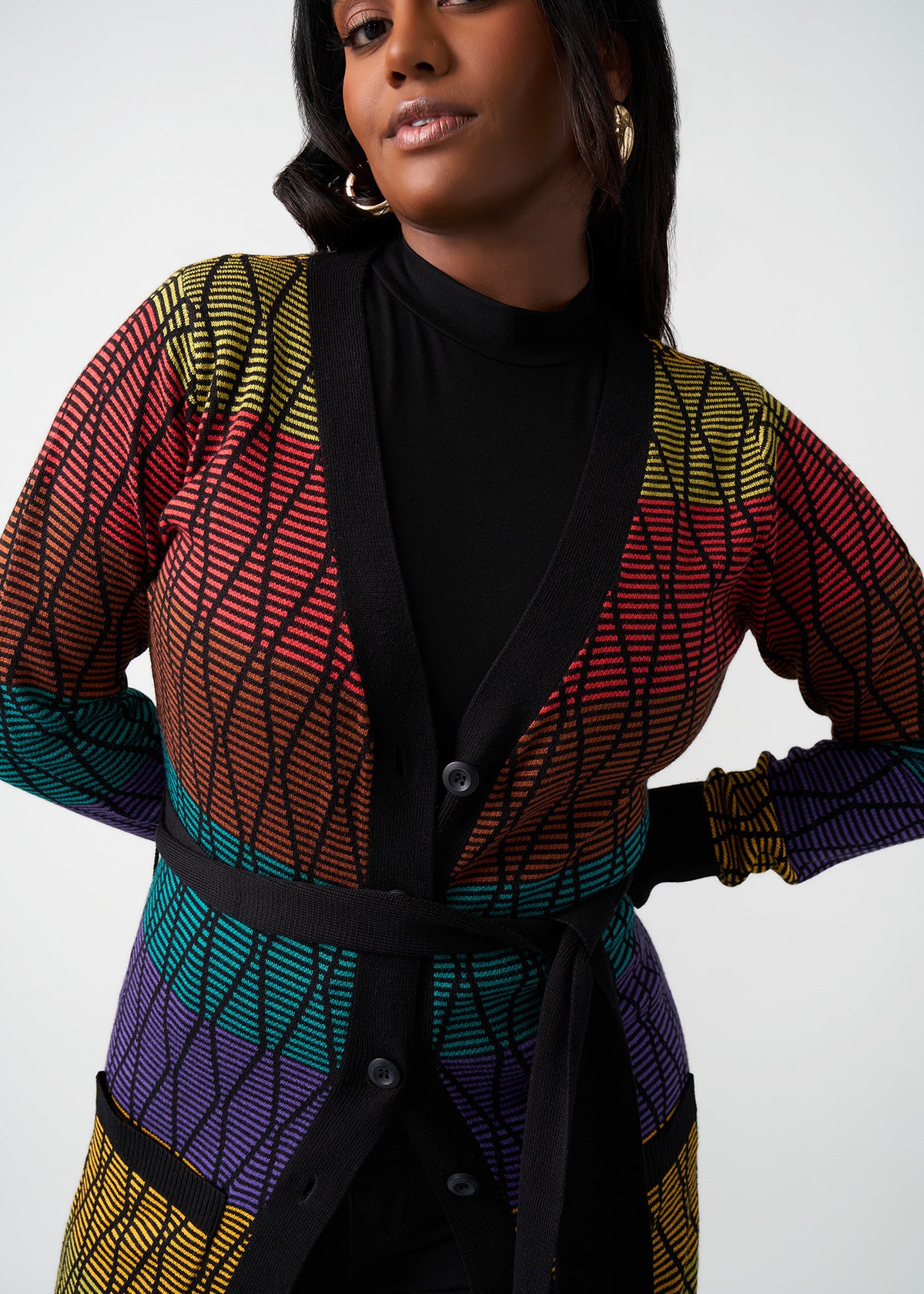 Aisha Women's African Print Cardigan (Rainbow Diamond Stripes) - Clearance