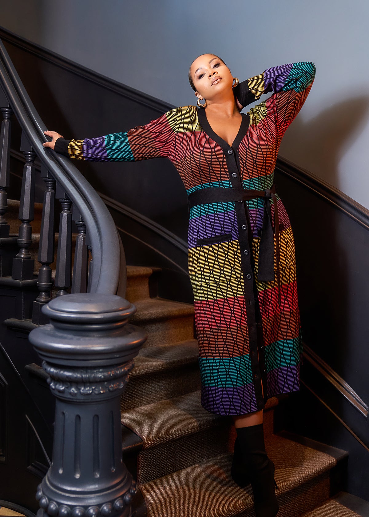 Aisha Women's African Print Cardigan (Rainbow Diamond Stripes) - Clearance