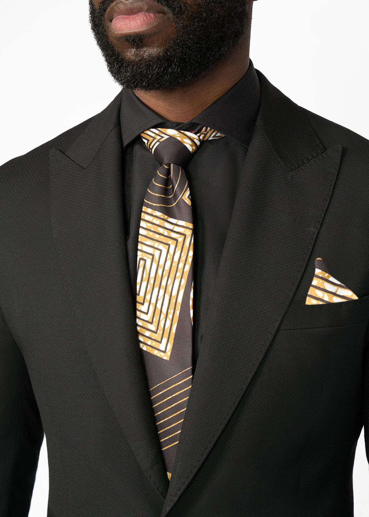 Ajani Men's African Print Satin Necktie and Pocket Square Set (Black Brown Geometric)
