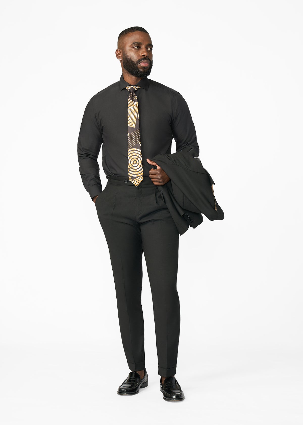 Ajani Men's African Print Satin Necktie and Pocket Square Set (Black Brown Geometric)