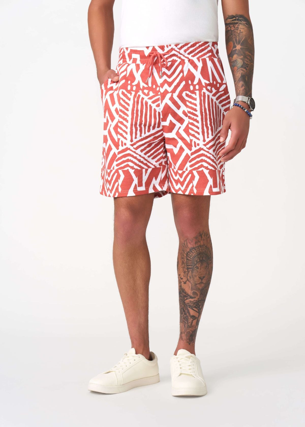 Alem Men's French Terry Drawstring Shorts (Brick Multipattern) - D'IYANU