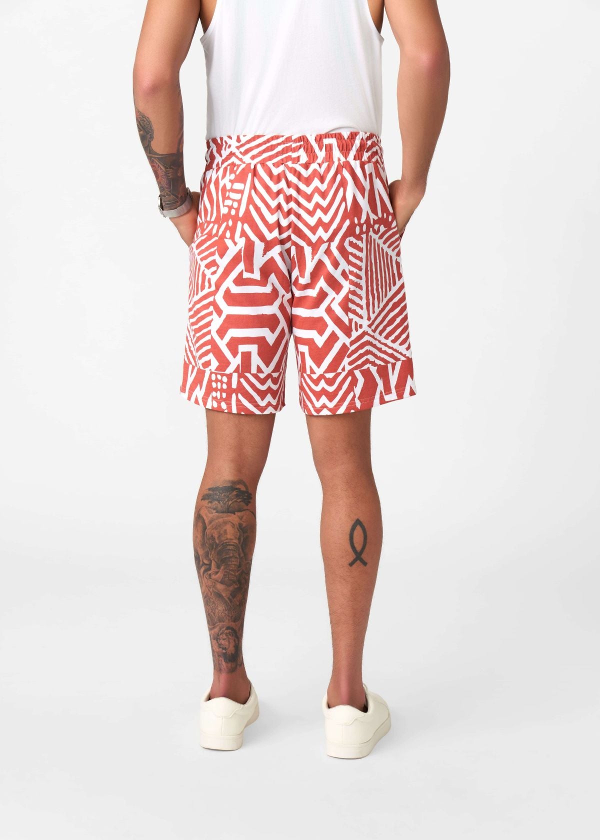Alem Men's French Terry Drawstring Shorts (Brick Multipattern) - D'IYANU