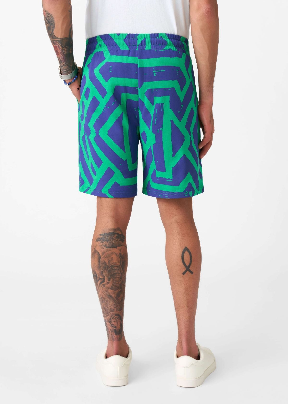 Alem Men's French Terry Drawstring Shorts (Teal Navy Tribal) - D'IYANU
