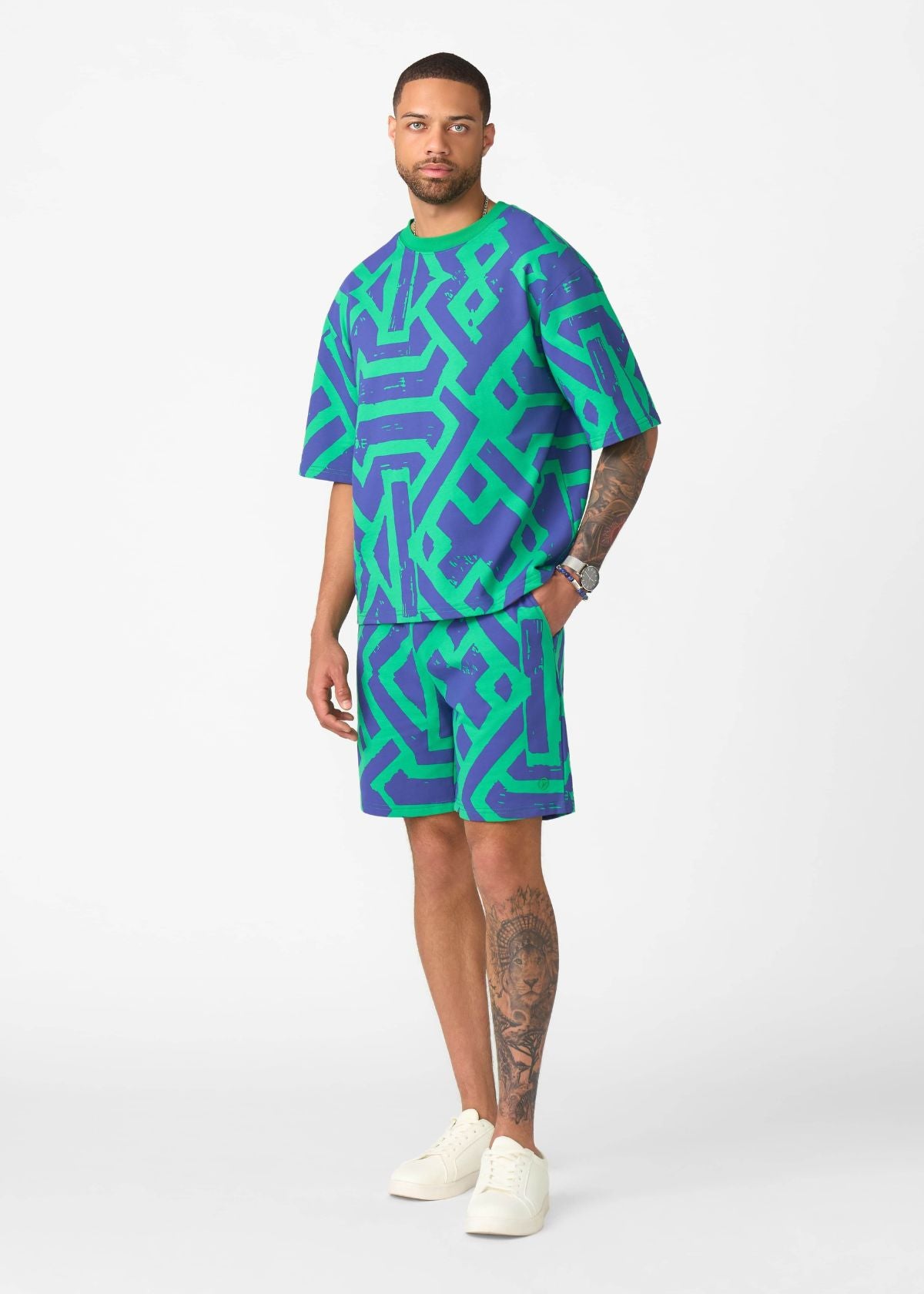 Alem Men's French Terry Drawstring Shorts (Teal Navy Tribal) - D'IYANU