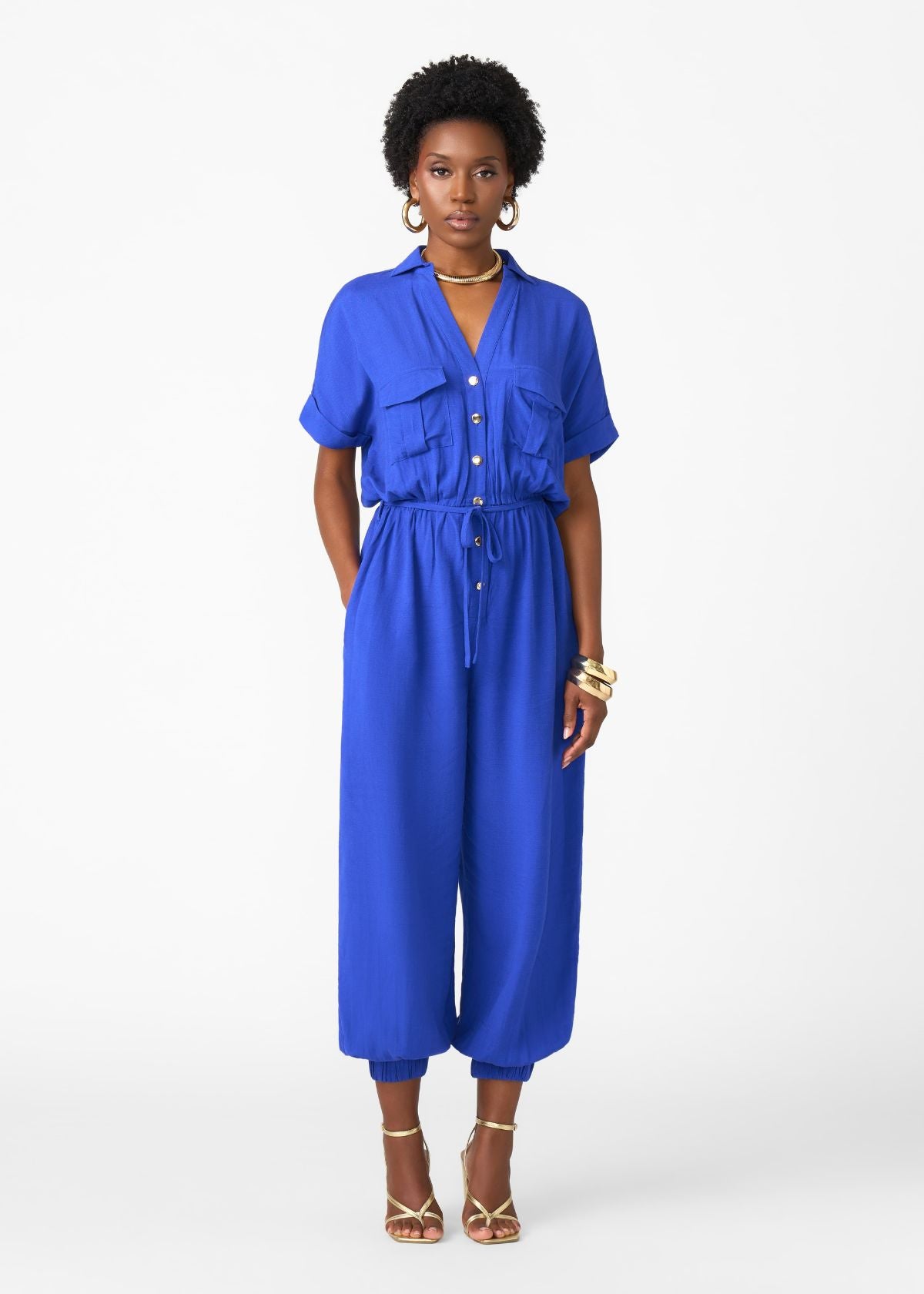 Alheri Women’s African Linen Blend Button Front Jumpsuit (Cobalt) - D'IYANU