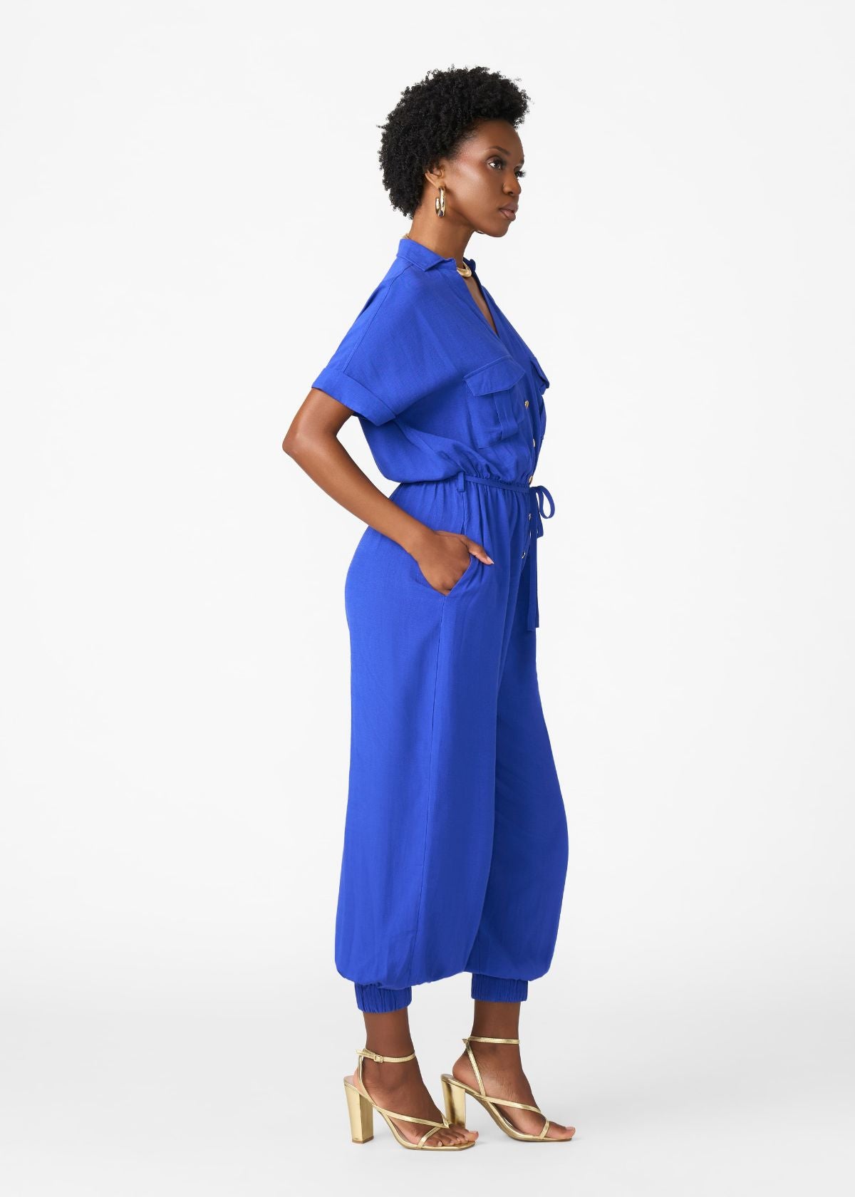 Alheri Women’s African Linen Blend Button Front Jumpsuit (Cobalt) - D'IYANU