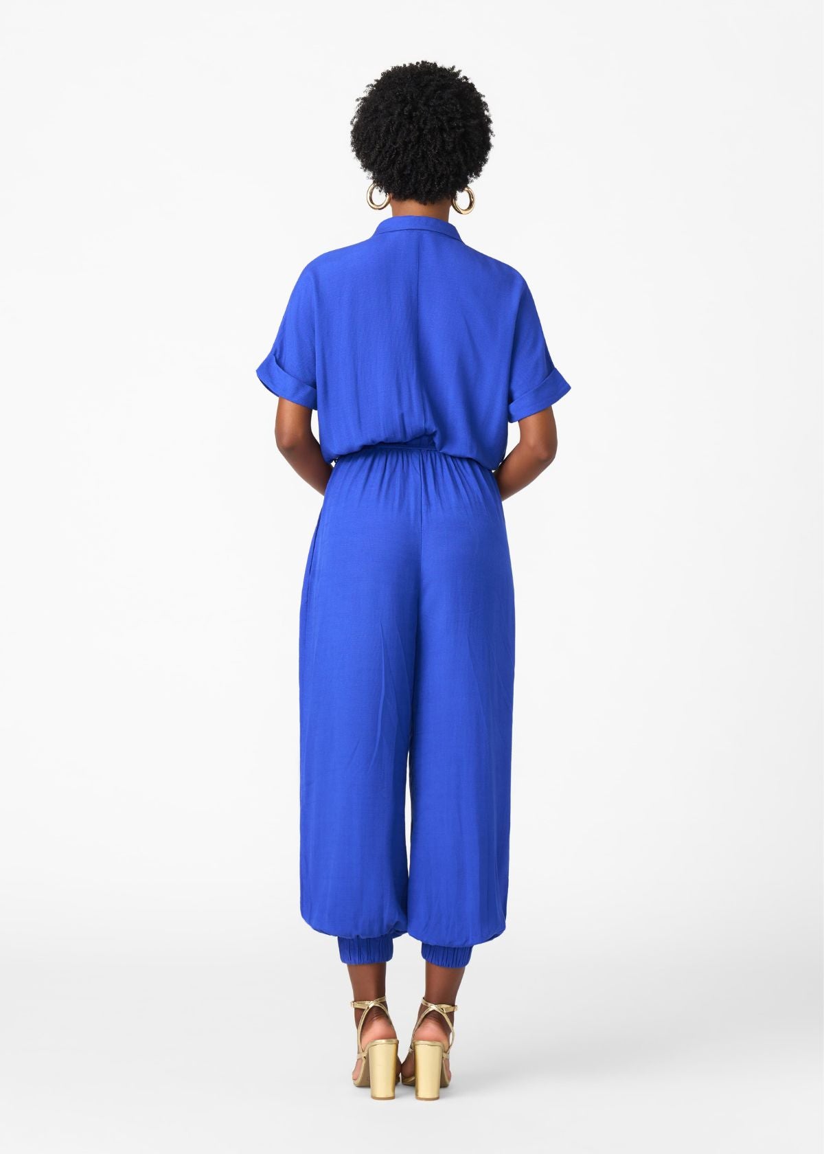 Alheri Women’s African Linen Blend Button Front Jumpsuit (Cobalt) - D'IYANU