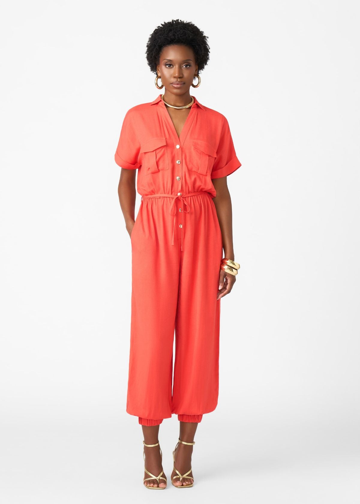 Alheri Women’s African Linen Blend Button Front Jumpsuit (Coral Red) - D'IYANU