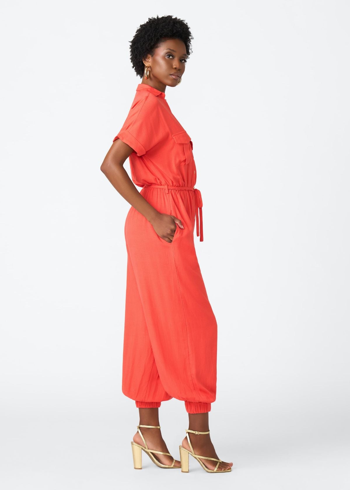 Alheri Women’s African Linen Blend Button Front Jumpsuit (Coral Red) - D'IYANU