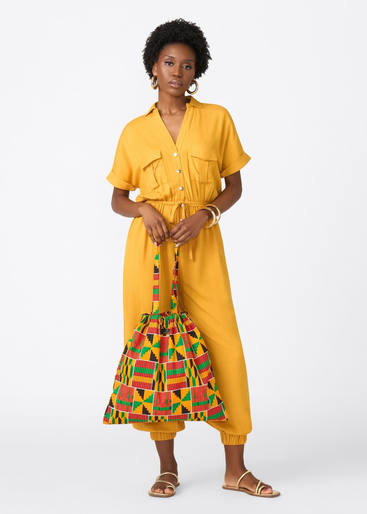 Alheri Women’s African Linen Blend Button Front Jumpsuit (Gold) - D'IYANU