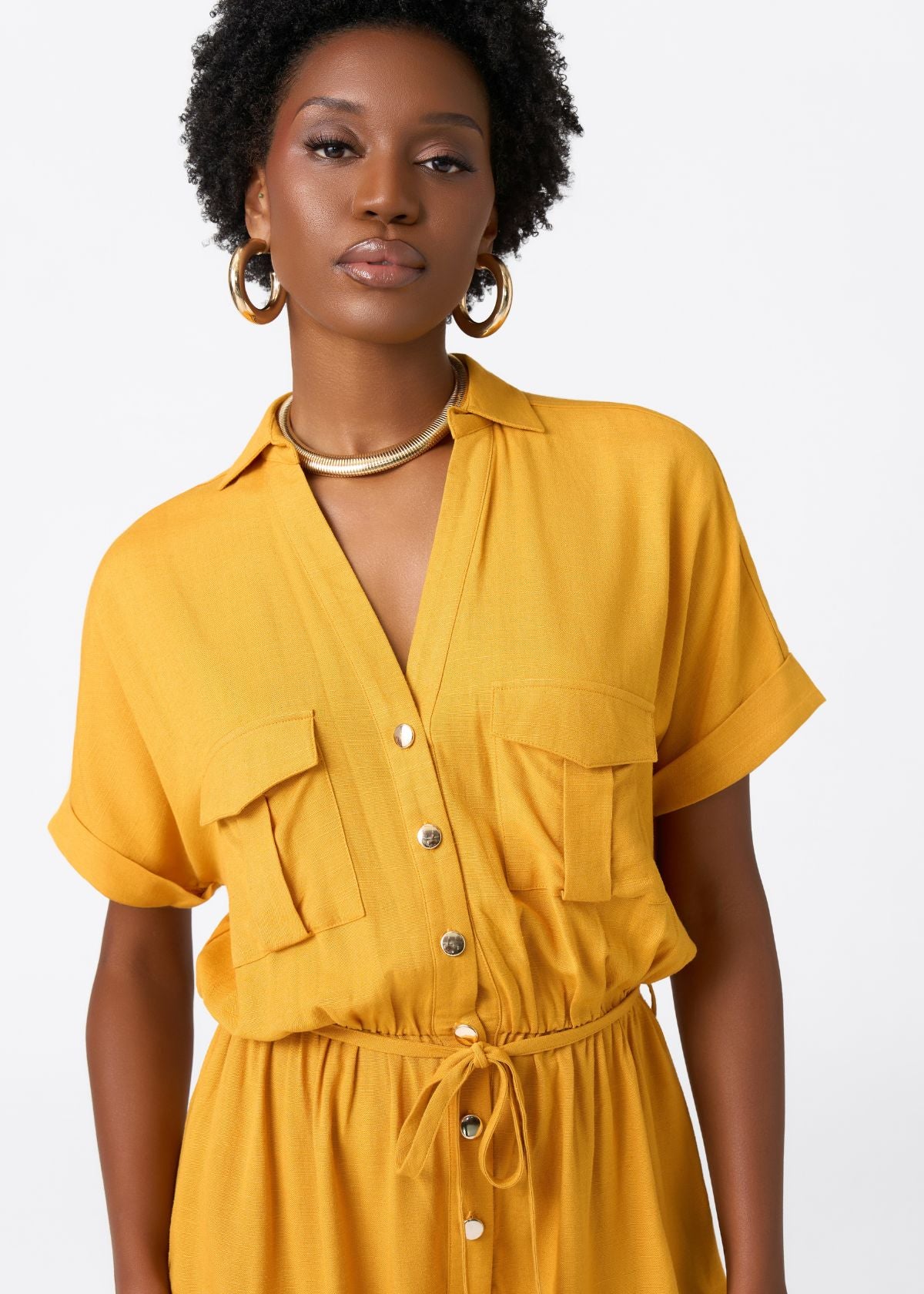 Alheri Women’s African Linen Blend Button Front Jumpsuit (Gold) - D'IYANU