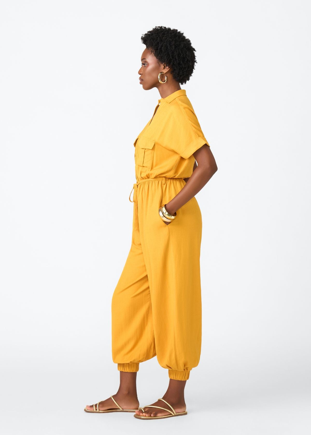Alheri Women’s African Linen Blend Button Front Jumpsuit (Gold) - D'IYANU