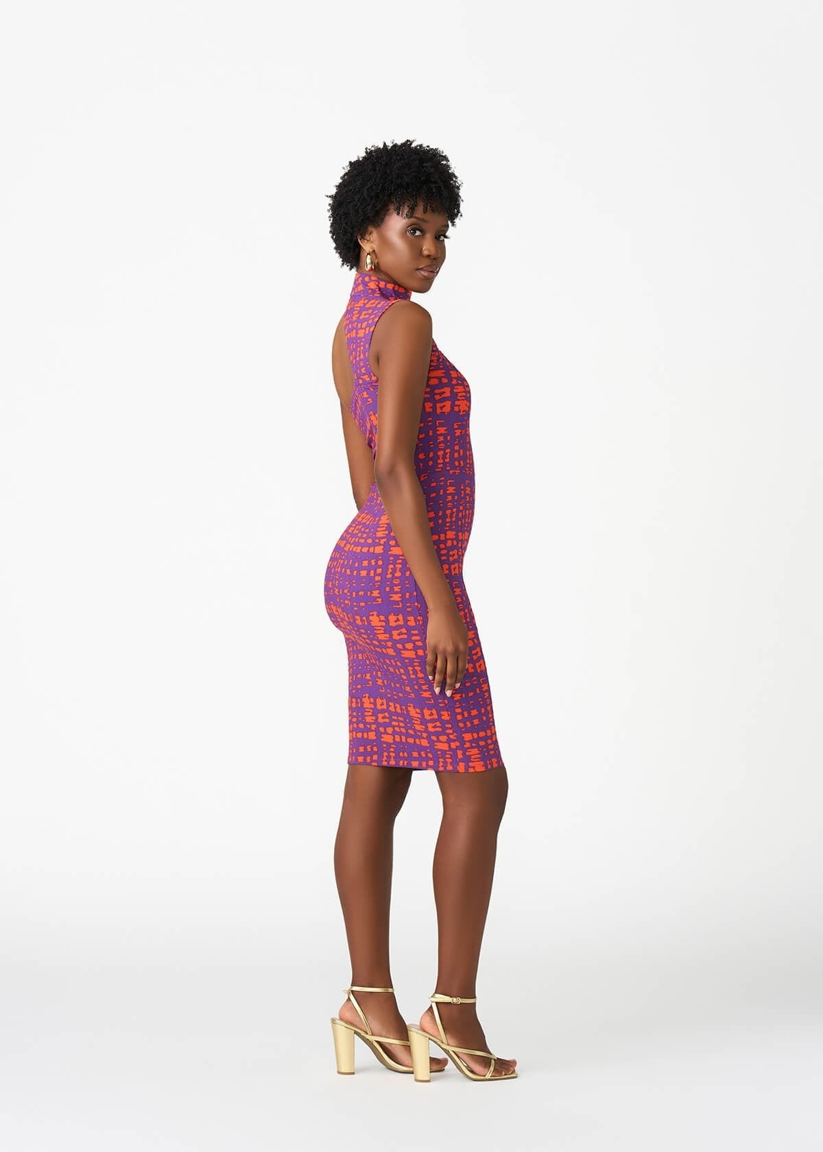 Amaka Women's African Print Stretch Dress (Purple Tangerine Adire) - D'IYANU
