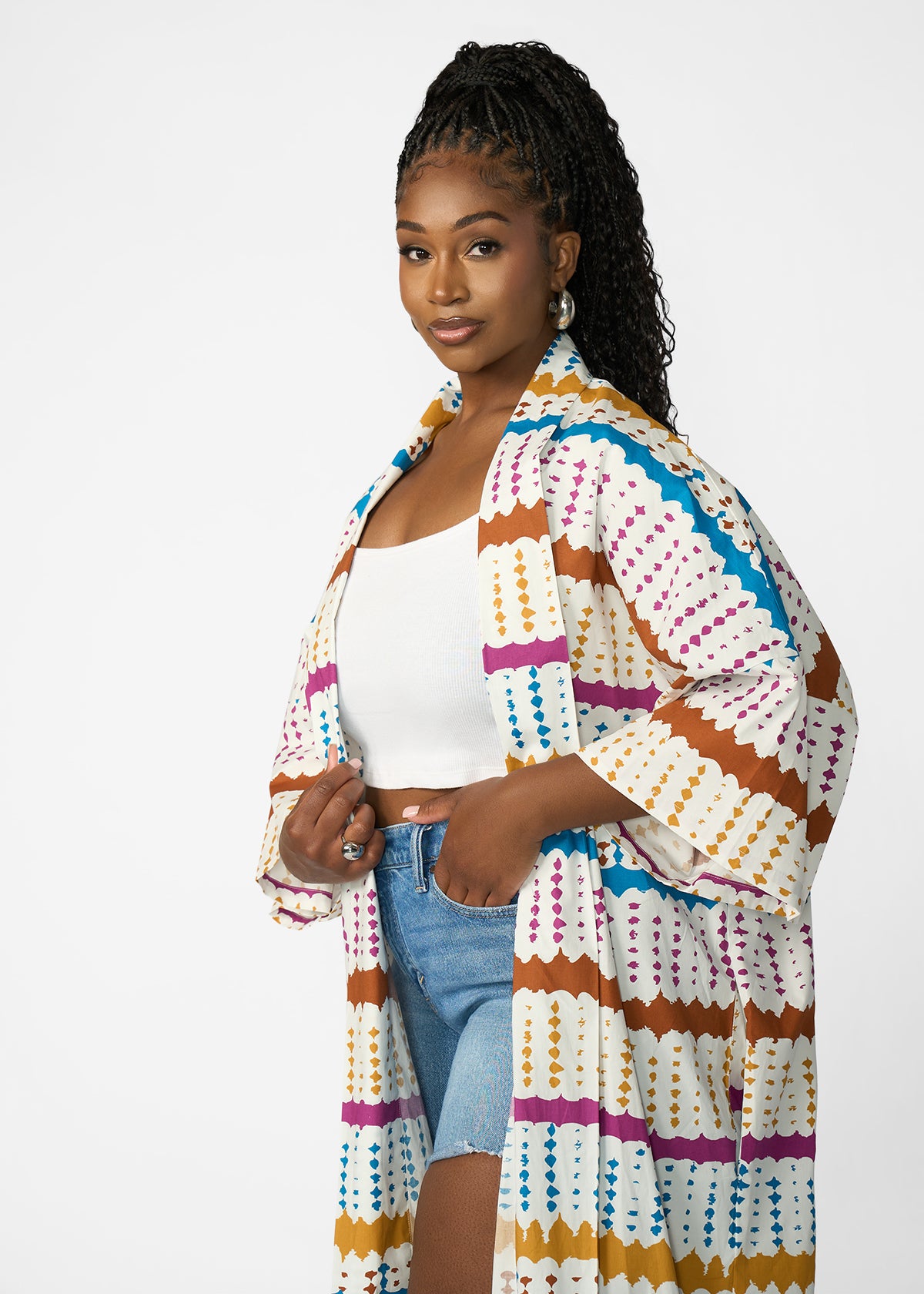 Amina Women's African Print Kimono (White Nautical Adire)